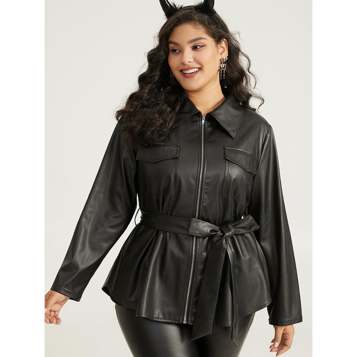 Plus Size Plain PU Leather Knot Pocket Zipper Belted Jacket Women Black Plain Pocket Belt Dailywear Jackets BloomChic 28/5X Product Image