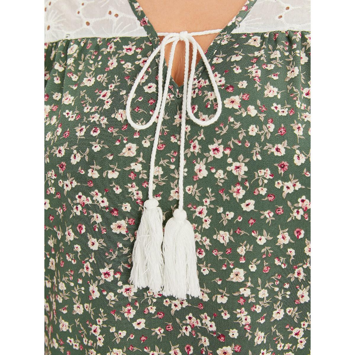 Plus Size ArmyGreen Ditsy Floral Patchwork Tassels Ties Flutter Sleeve Blouse Women Elegant Short sleeve V-neck Dailywear Blouses BloomChic 22-24/3X Product Image
