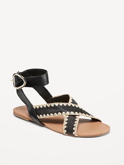 Faux-Leather Cross-Strap Buckle Sandals Product Image