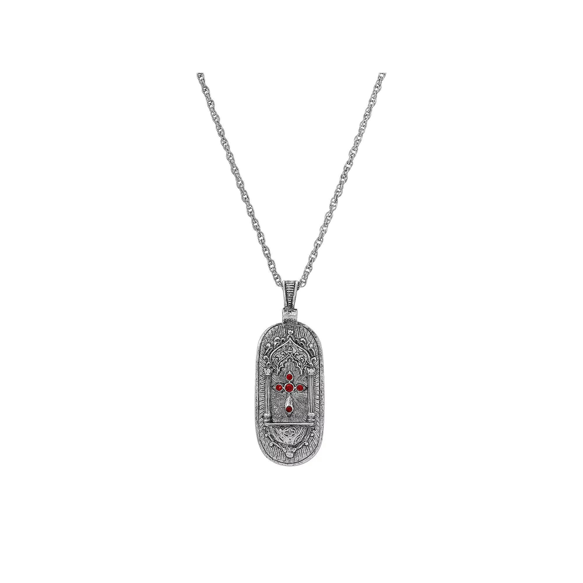 1928 Silver Tone Red Simulated Crystal Cross Medallion Pendant Necklace, Womens Product Image