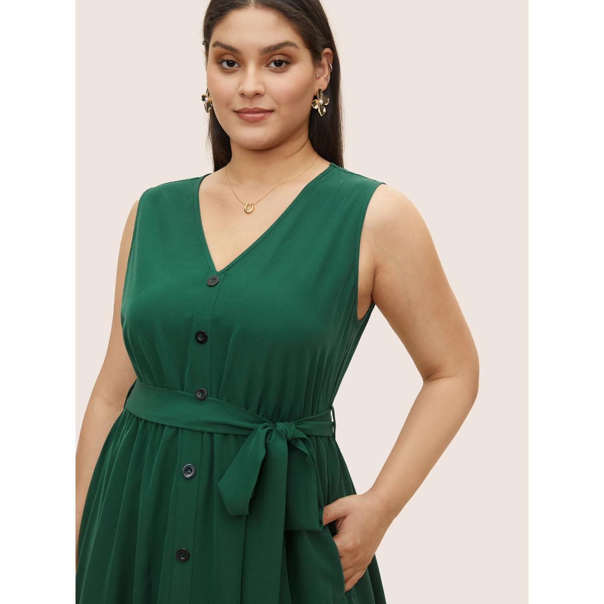 Plus Size Plain Textured Button Detail Belted Tank Dress Emerald Women Workwear Essentials Belted V-neck Sleeveless Curvy BloomChic 18-20/2X Product Image