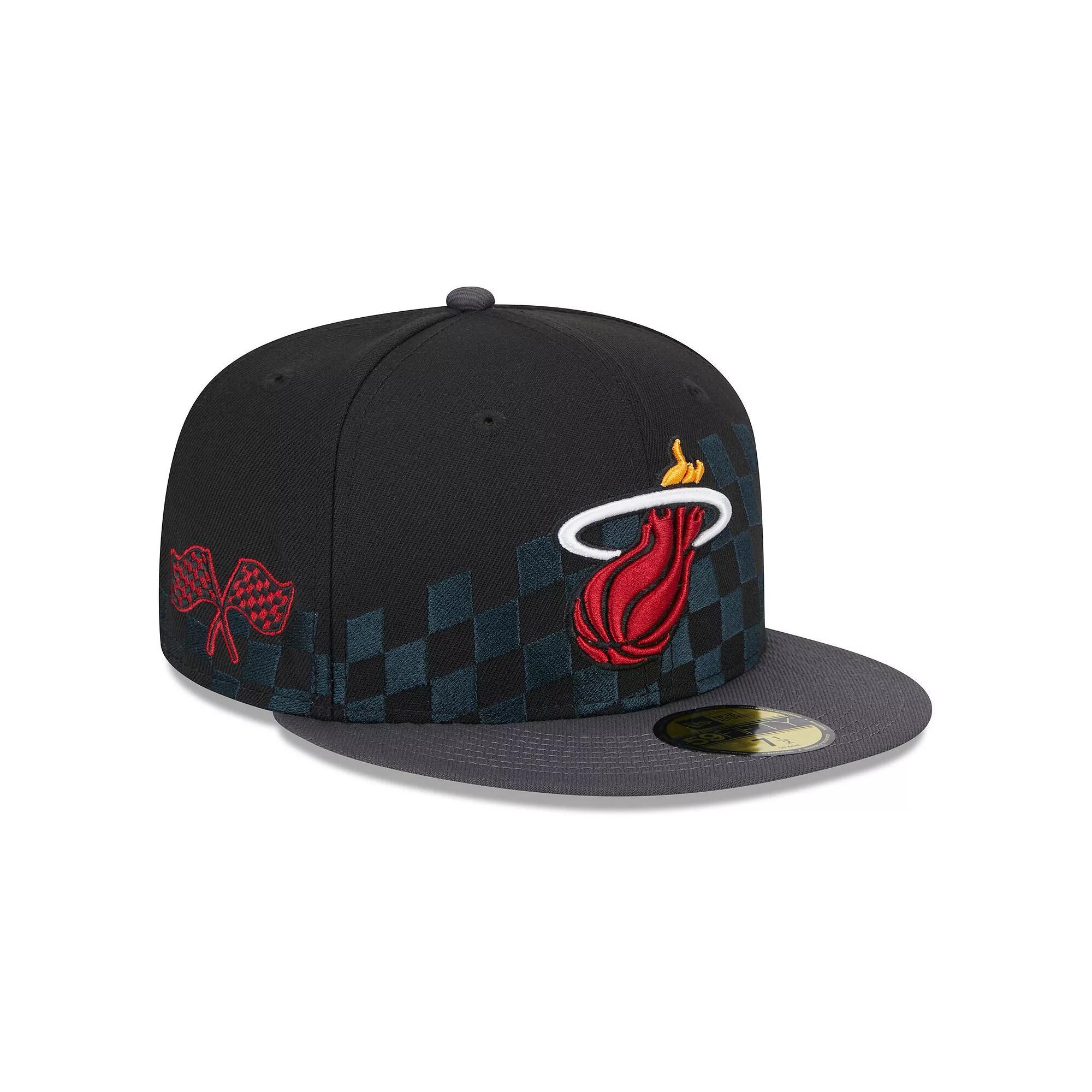Men's New Era Black Miami Heat  Rally Drive Checkerboard 59FIFTY Crown Fitted Hat, Size: 7 3/8 Product Image