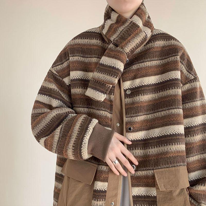 Drop Shoulder Round Neck Striped Button Jacket Product Image