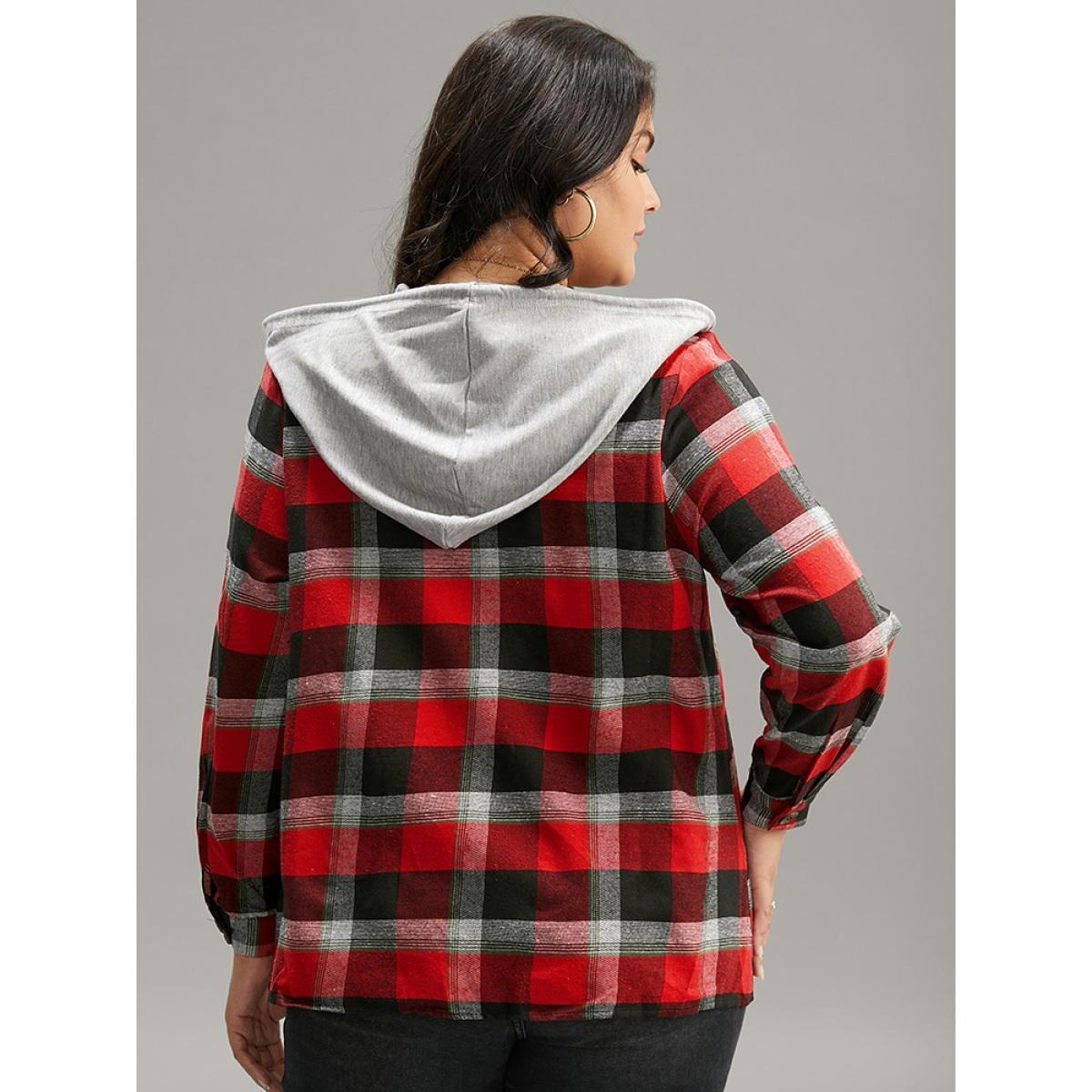 Plus Size Plaid Patchwork Hooded Drawstring Button Through Jacket Women Red Dailywear Jackets BloomChic 14-16/1X Product Image