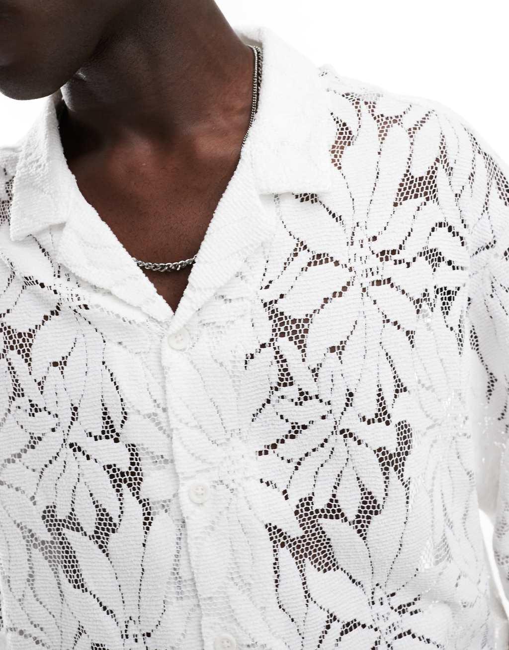 ASOS DESIGN oversized camp collar shirt in white lace Product Image