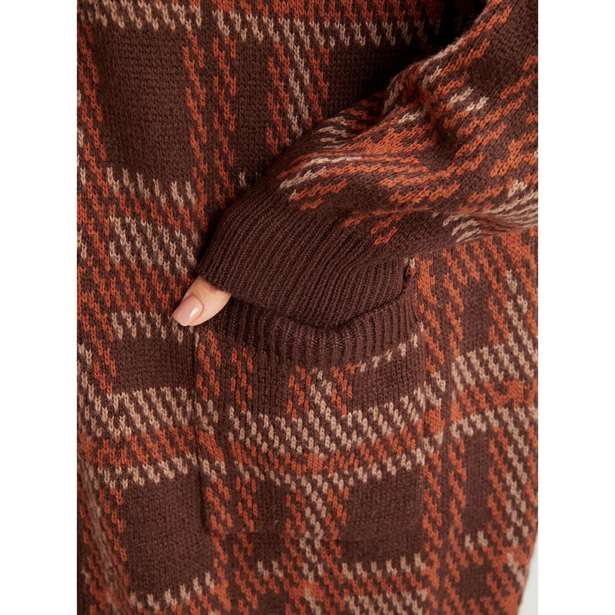 Plus Size Tartan Contrast Pointelle Knit Pocket Open Front Cardigan DarkBrown Women Casual Loose Long Sleeve Dailywear Cardigans BloomChic 28/5X Product Image