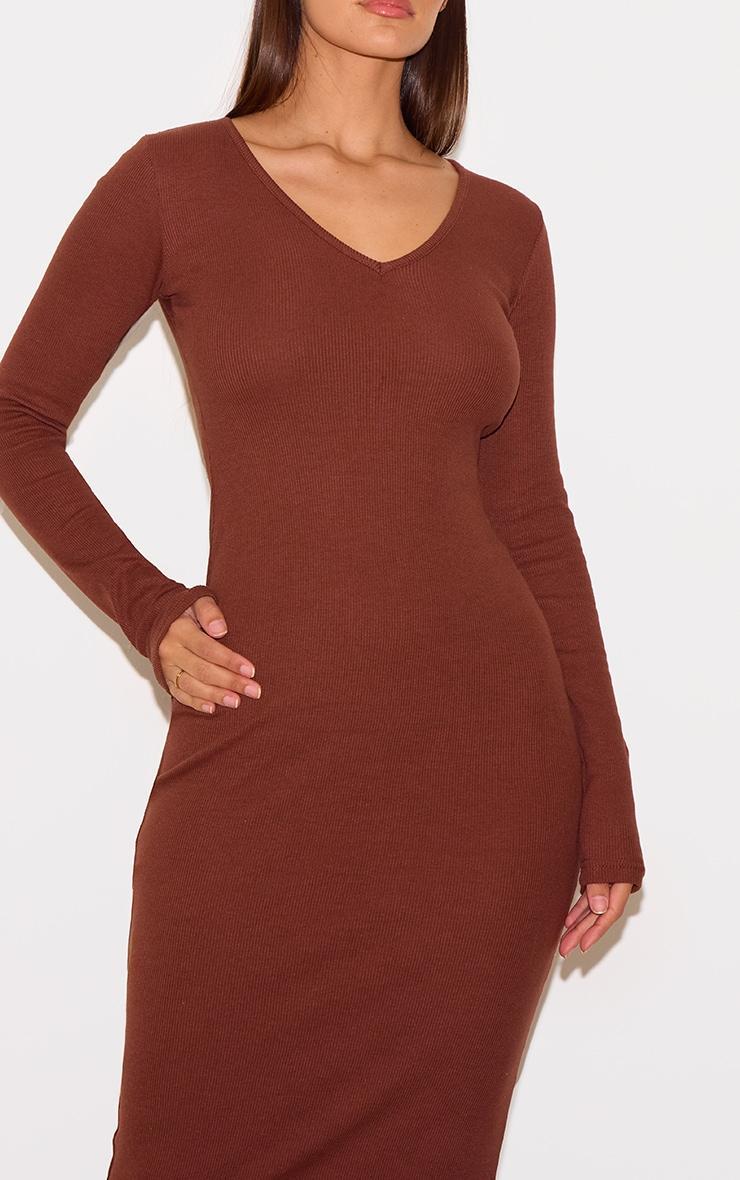 Chocolate Ribbed V Neck Long Sleeve Maxi Dress Product Image