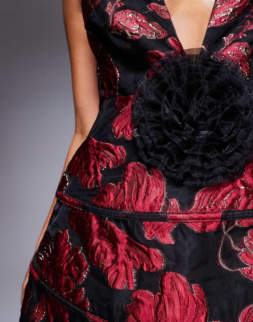 ASOS LUXE jacquard plunge caged mini dress with corsage in burgundy Product Image