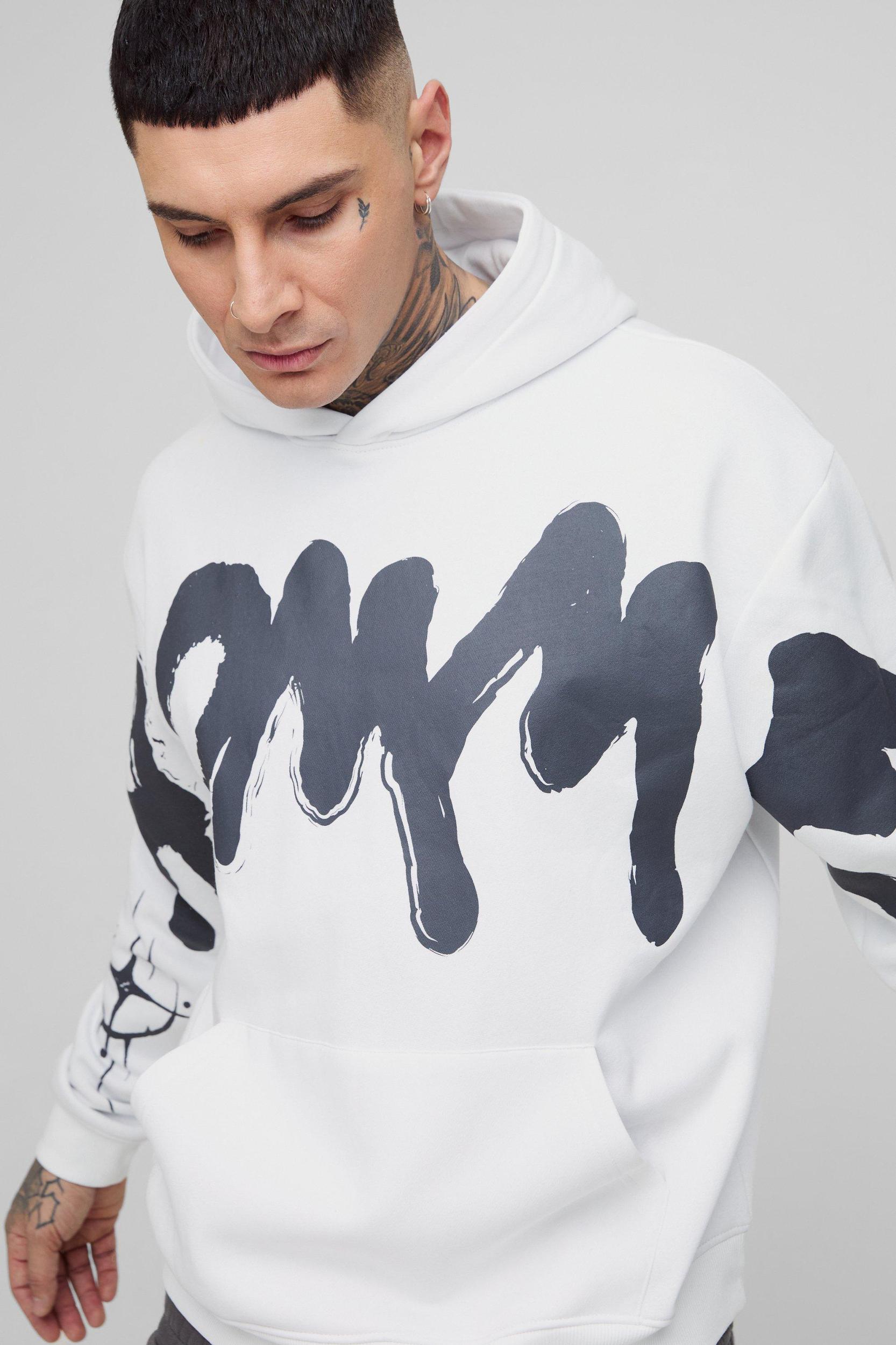Tall Oversized Boxy Homme Graffiti Print Hoodie | boohooMAN USA Product Image