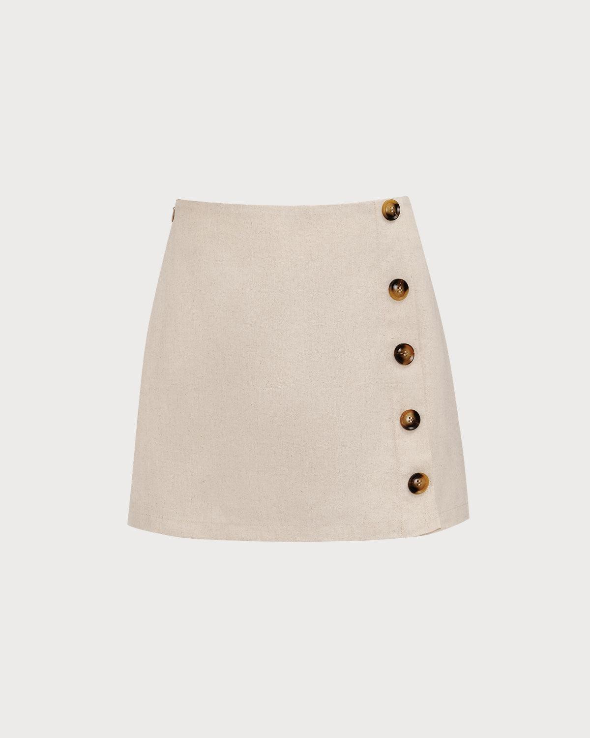 Women's Beige High-Waisted Cotton Button Mini Skirt Female Product Image