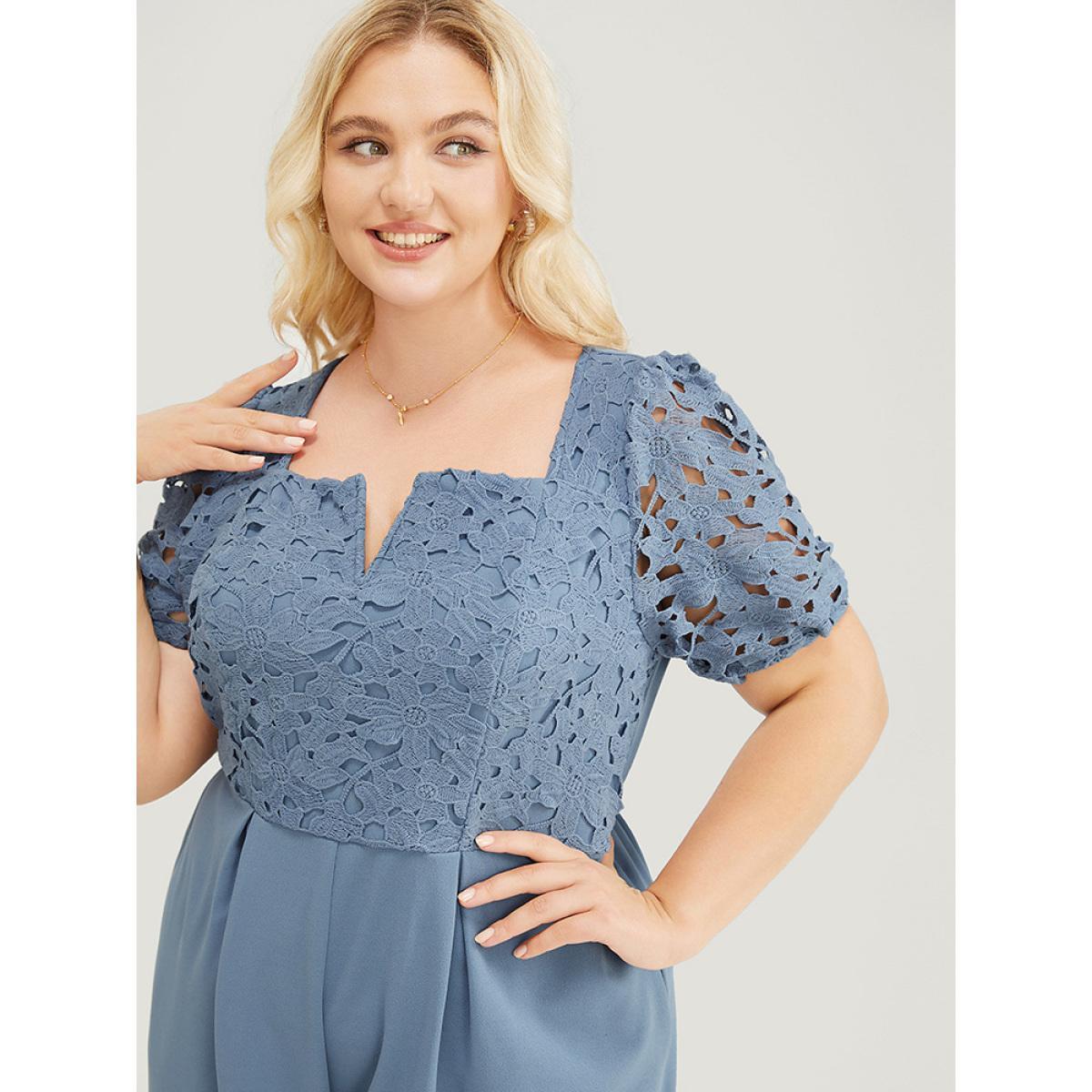 Plus Size Stone Solid Lace Notched Square Neck Pocket Pleated Jumpsuit Women Glamour Short sleeve V-neck Going out Loose Jumpsuits BloomChic 26/4X Product Image