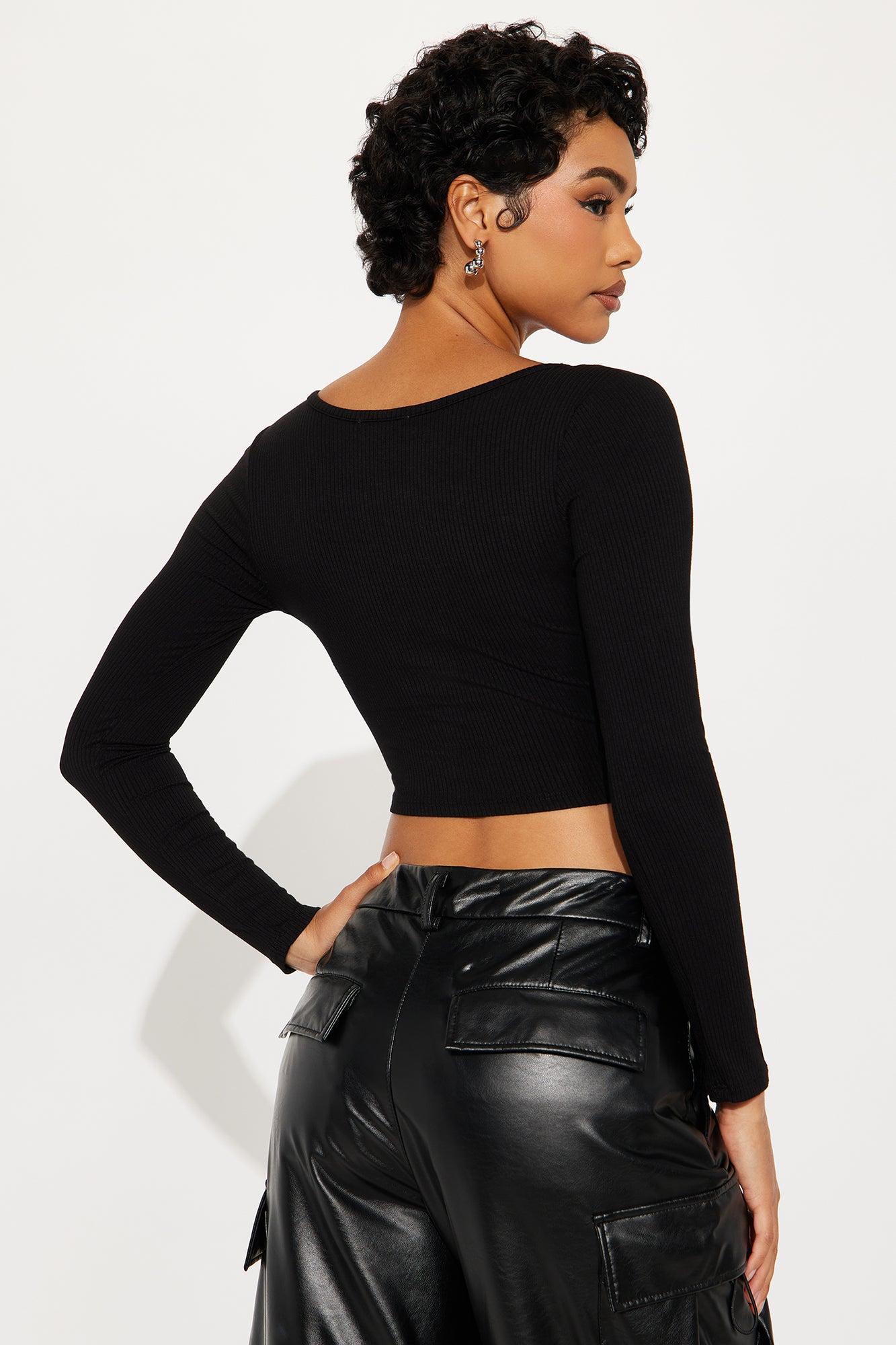 Aria Cropped Ribbed Long Sleeve Top - Black Product Image