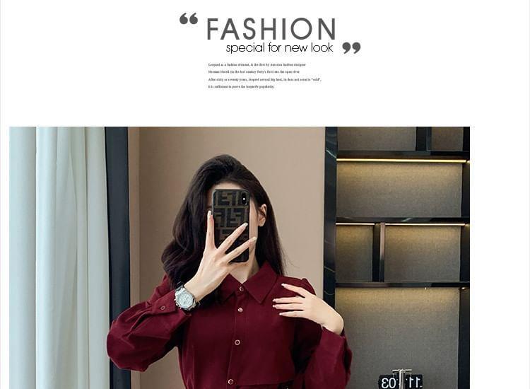 Long-Sleeve Plain Midi A-Line Shirt Dress Product Image