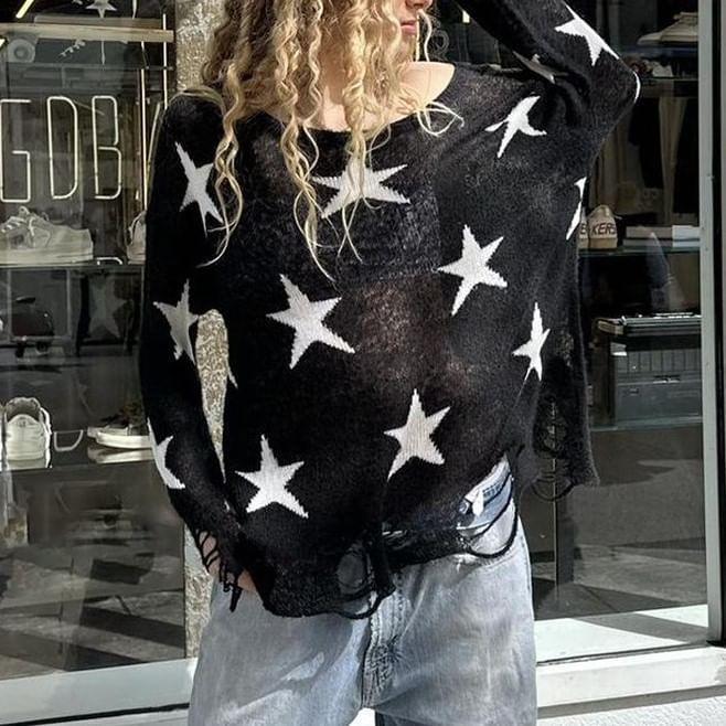 One Shoulder Star Patterned Distressed Knit Top Product Image