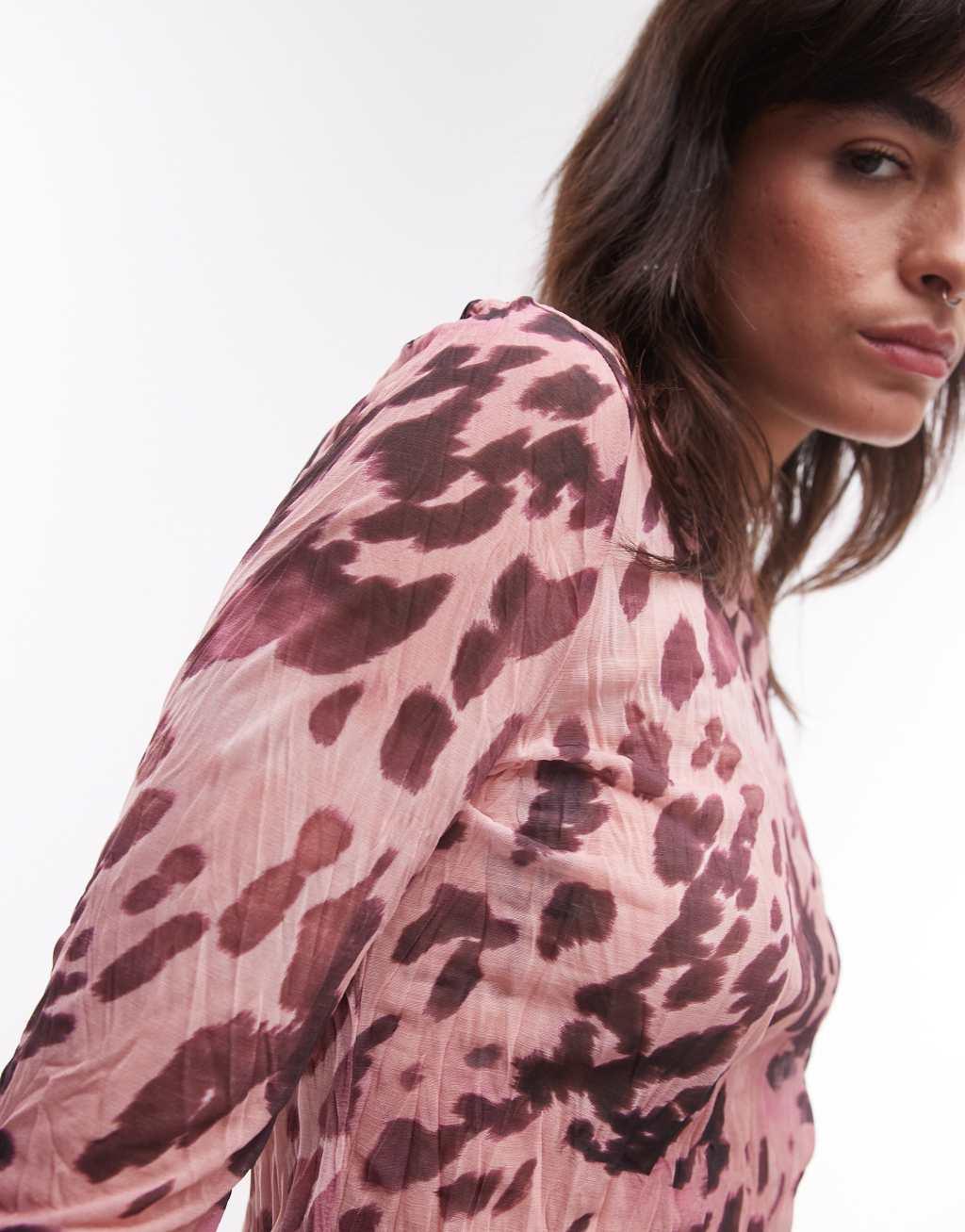 Topshop leopard crinkle long sleeve top in pink Product Image