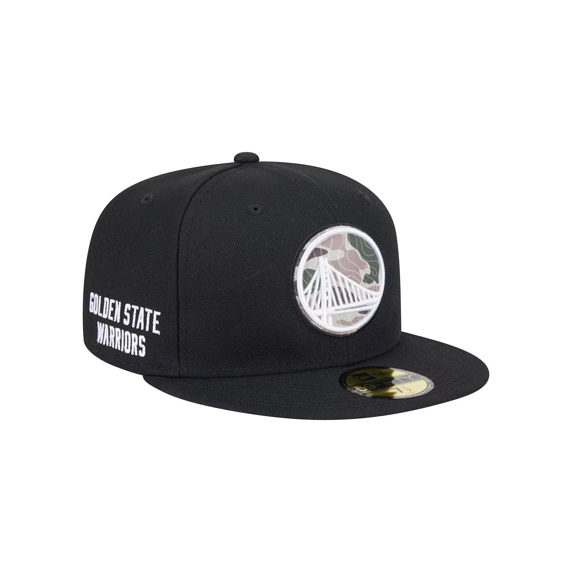Men's New Era Black Golden State Warriors Camo Print UV 59FIFTY Fitted Hat, Size: 7 1/8 Product Image