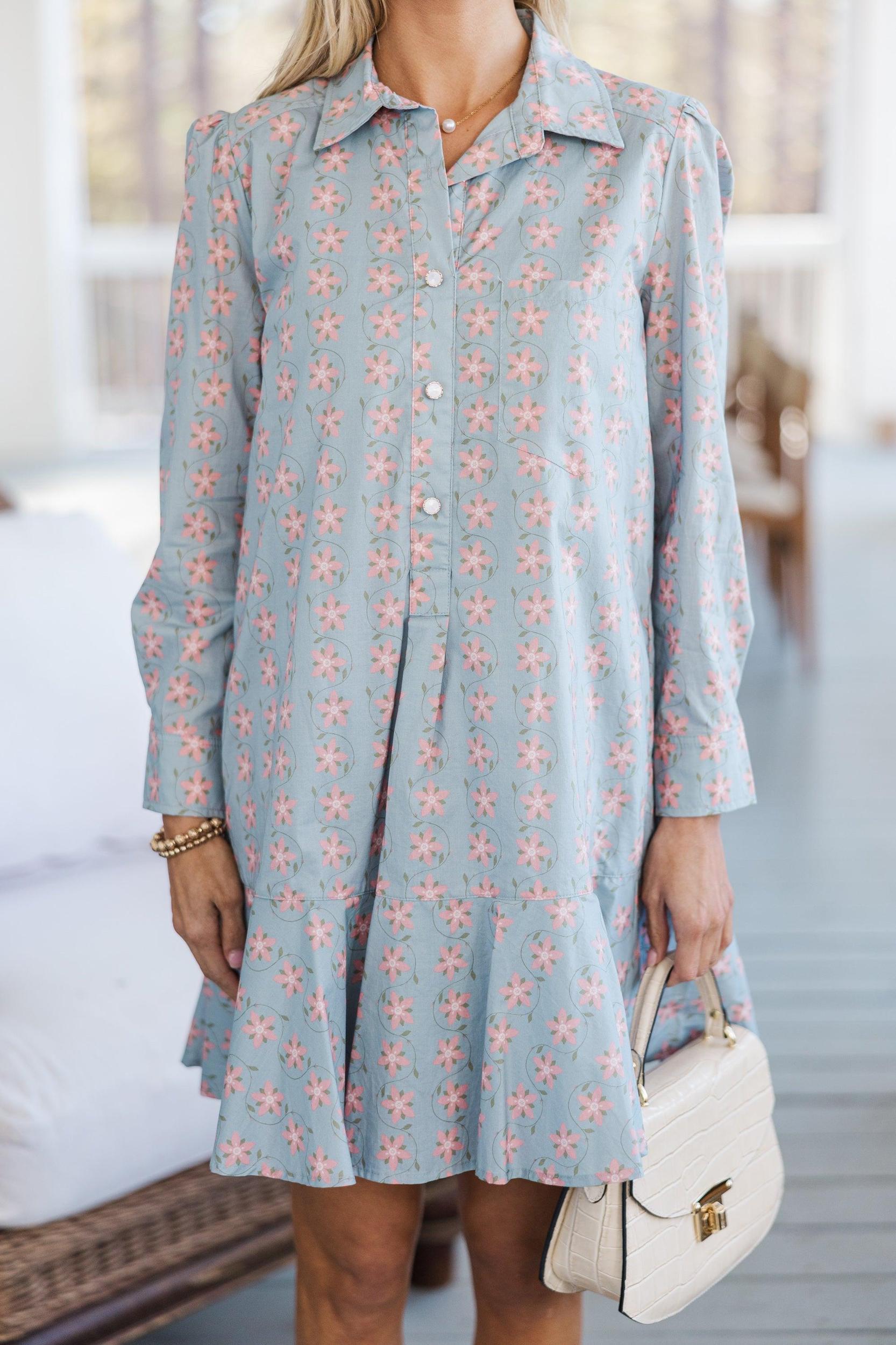 Share Your Story Light Blue Floral Shirt Dress Female Product Image
