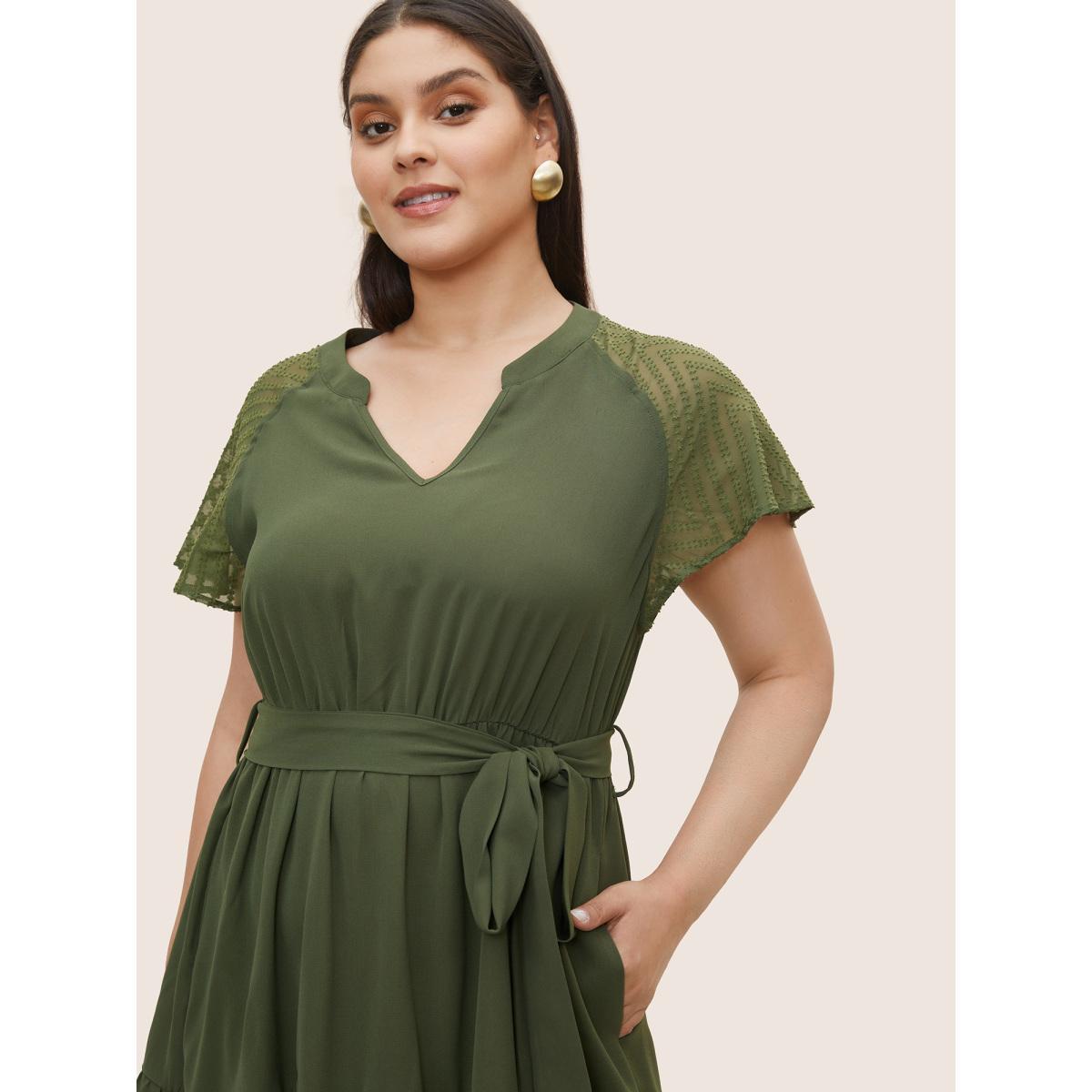 Plus Size Texture Patchwork See Through Raglan Sleeve Dress ArmyGreen Women At the Office Texture Flat collar with V-notch Short sleeve Curvy Midi Dress BloomChic 14-16/1X Product Image