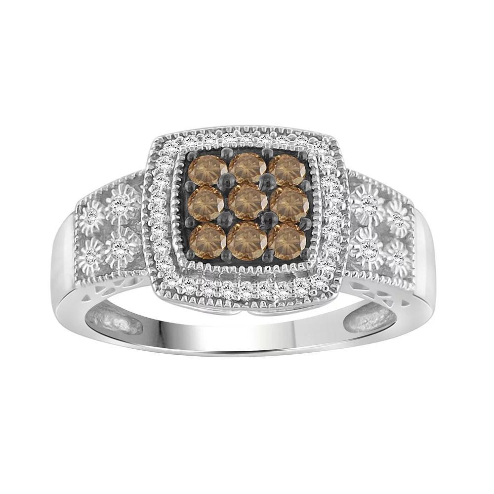 Jewelexcess Sterling Silver 1/2 Carat T.W. Champagne & White Diamond Halo Square Ring, Women's, Size: 7 Product Image