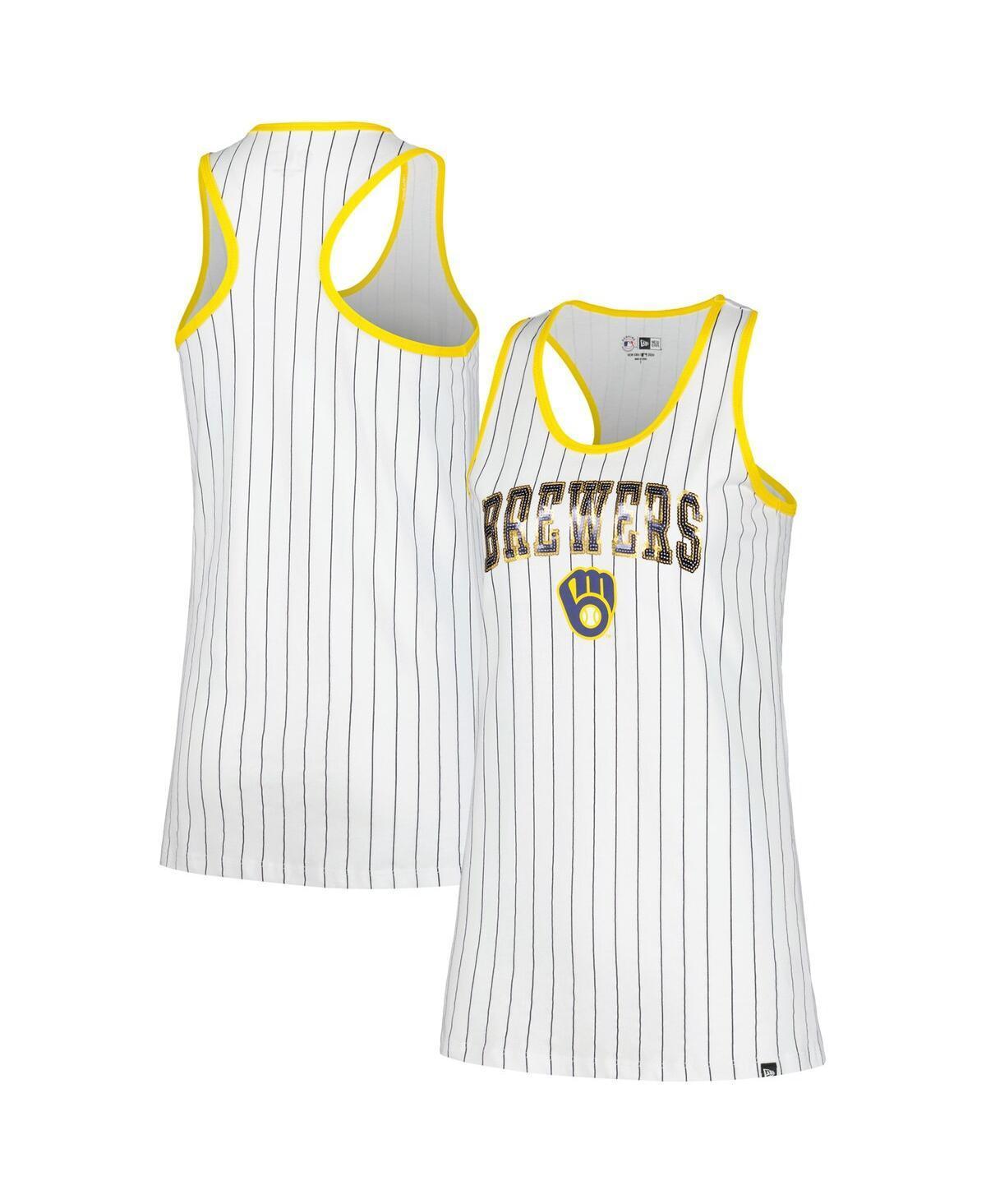 Women's New Era White Milwaukee Brewers Sequin Pinstripe Racerback Tank Top, Size: Medium Product Image