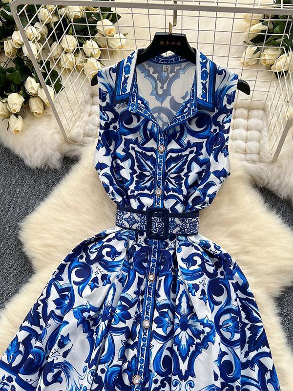 Sleeveless Belt Buckle Buttoned Contrast Color Floral Printed Midi Dresses Product Image