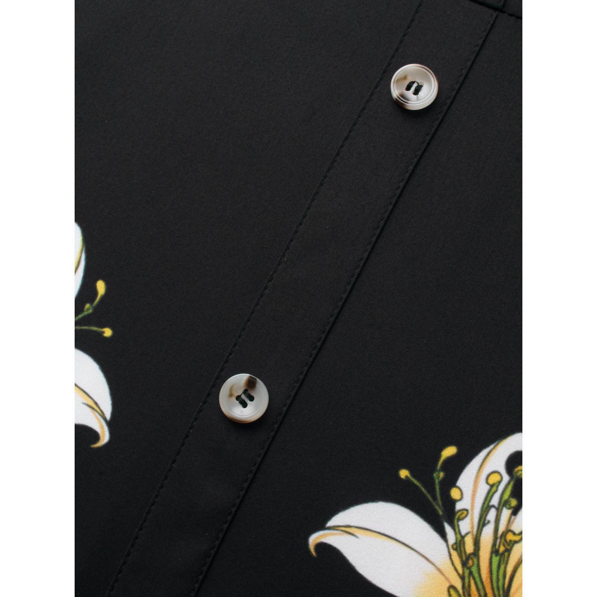 Plus Size V Neck Floral Button Detail Dress Black Women Elegant Button V-neck Long Sleeve Curvy BloomChic 22-24/3X Product Image