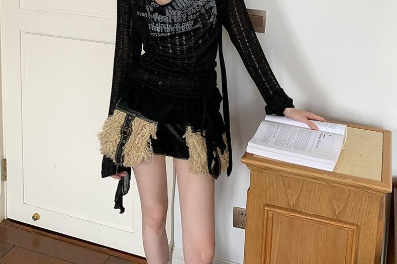 Long Sleeve Cold-Shoulder Lettering Print Drawstring Slim-Fit Knit Top Product Image