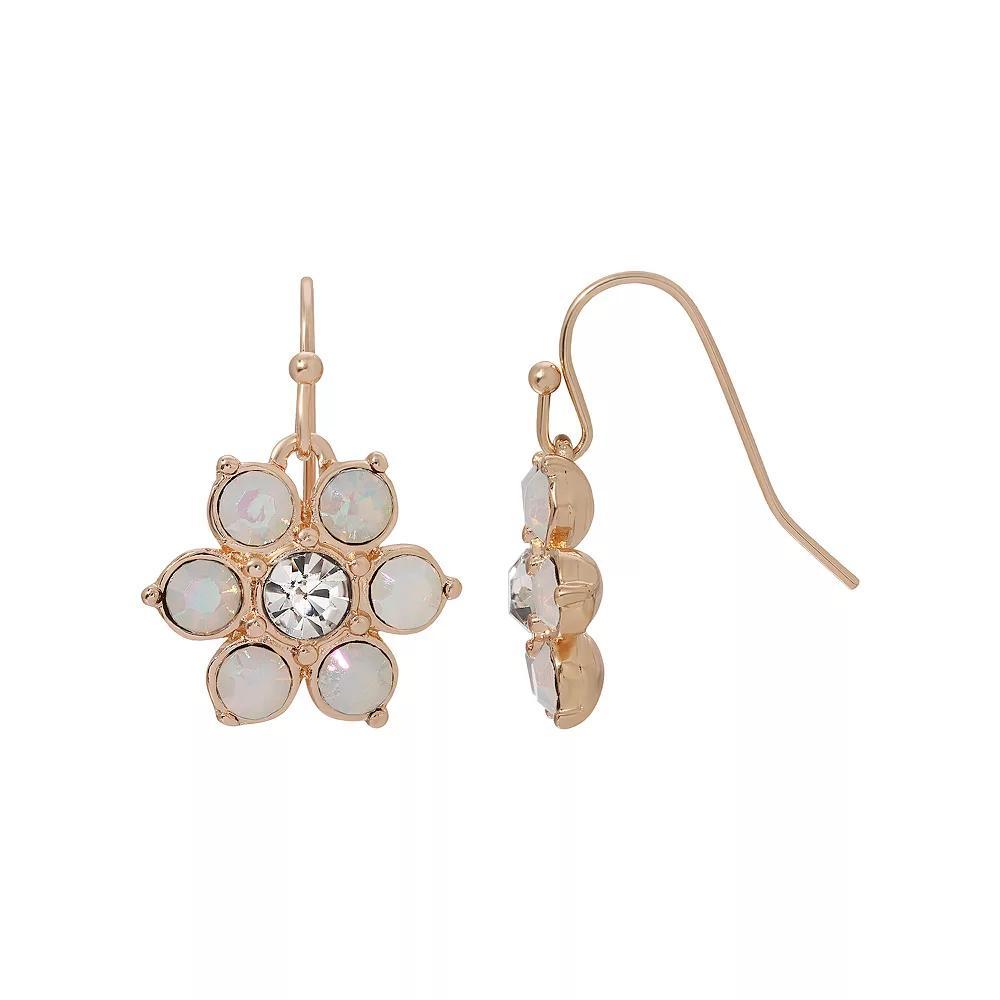 1928 Gold Tone Simulated White Opal Crystal Flower Drop Earring, Womens Product Image