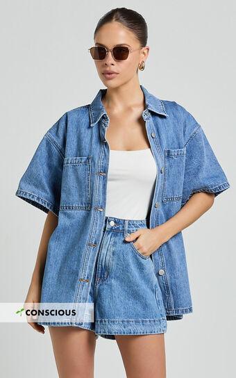 Rhianna Top - Oversized Recycled Denim Short Sleeve Shirt in Mid Blue Wash Product Image
