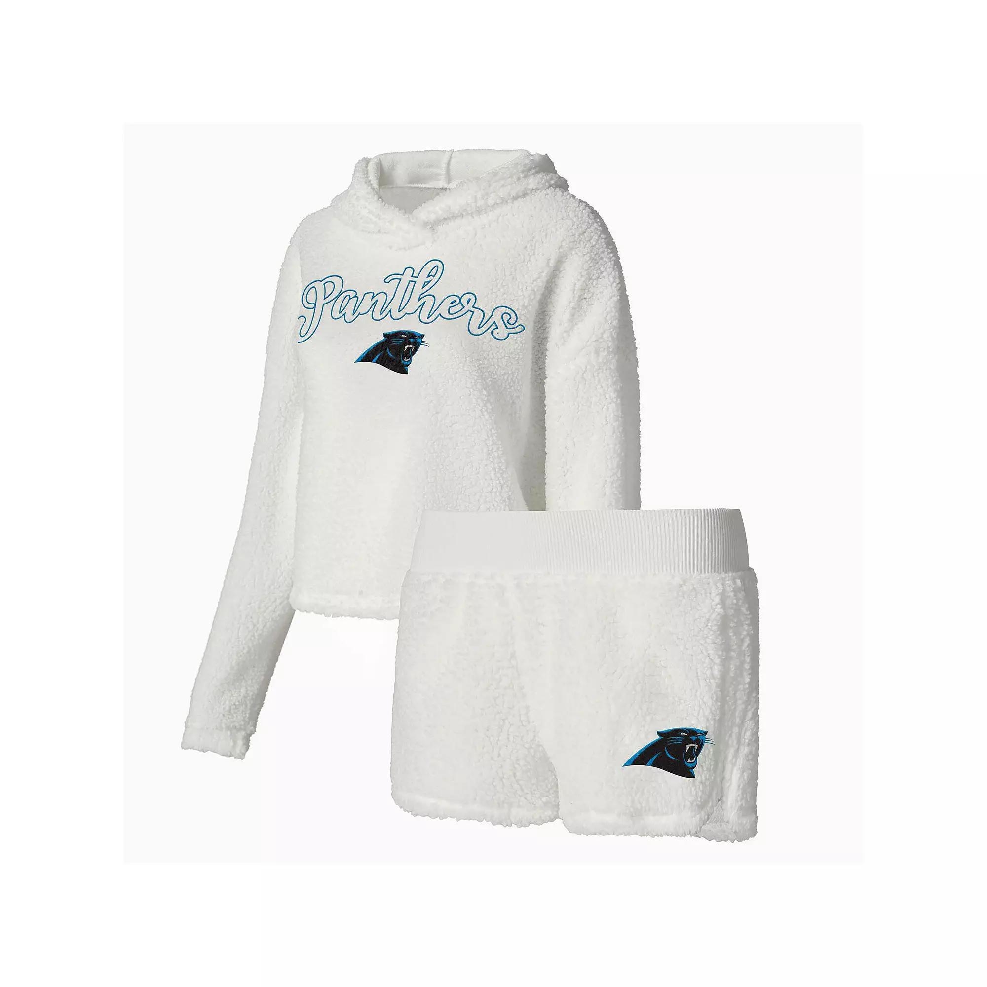 Women's Concepts Sport  White Carolina Panthers Fluffy Pullover Sweatshirt & Shorts Sleep Set, Size: Medium Product Image
