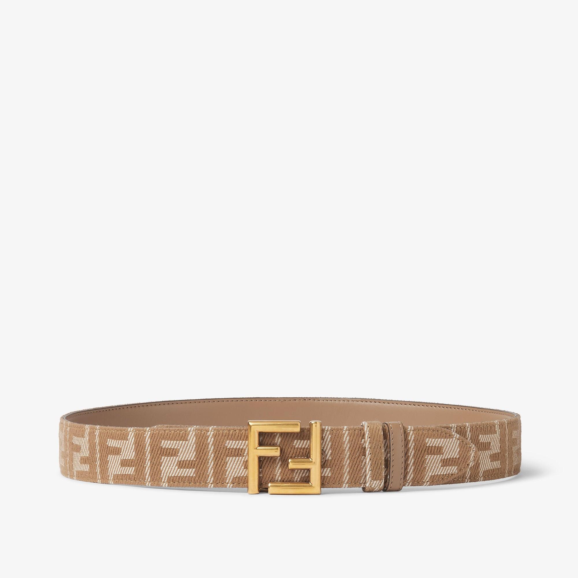 FF BeltBeige leather and denim-effect FF jacquard reversible belt Product Image