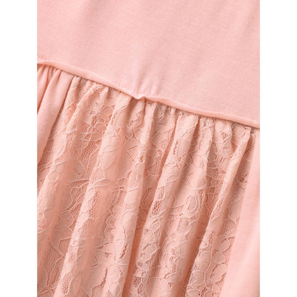 Plus Size Lace Trim Spliced Solid T-Shirt Nudepink Women Woven ribbon&lace trim Round Neck Everyday-Casual T-shirts BloomChic 12/L Product Image