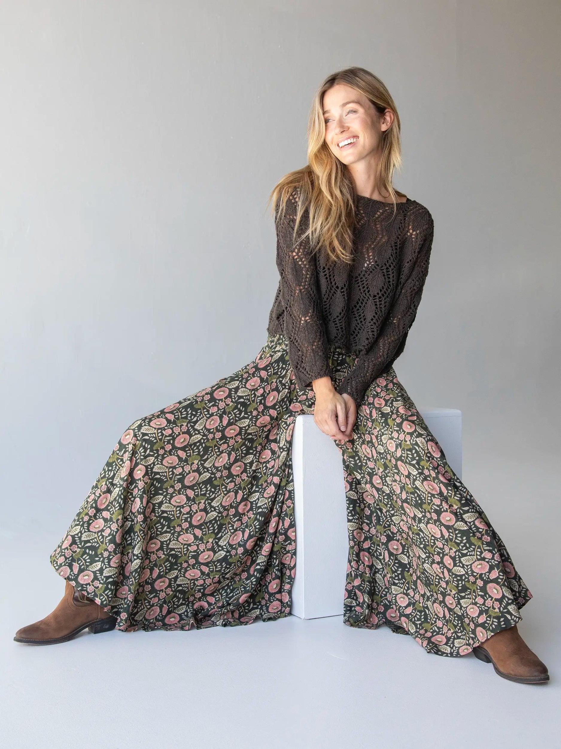 Wanderlust Palazzo Pant - Dark Green Pink Floral Vines Product Image