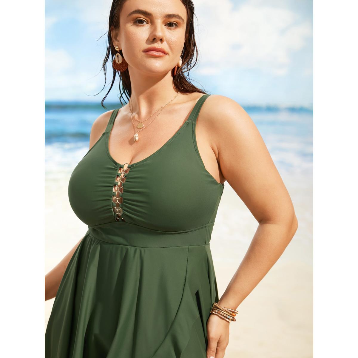 Plus Size Solid O Ring Buckle Detail Ruffle Trim Swim Dress Women's Swimwear Moss Beach Bodycon Heart neckline High stretch Curve Swim Dresses BloomChic 10/M Product Image