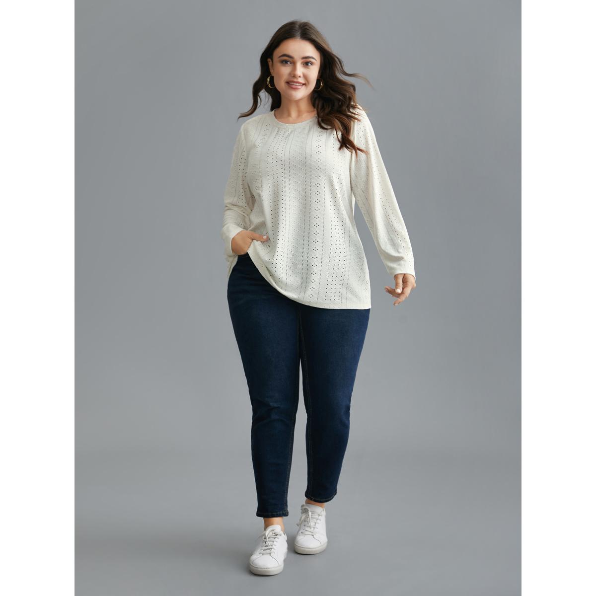 Plus Size Textured Cut-out Elastic Round Neck T-shirt Ivory Women Casual Texture Round Neck Everyday T-shirts BloomChic 10/M Product Image