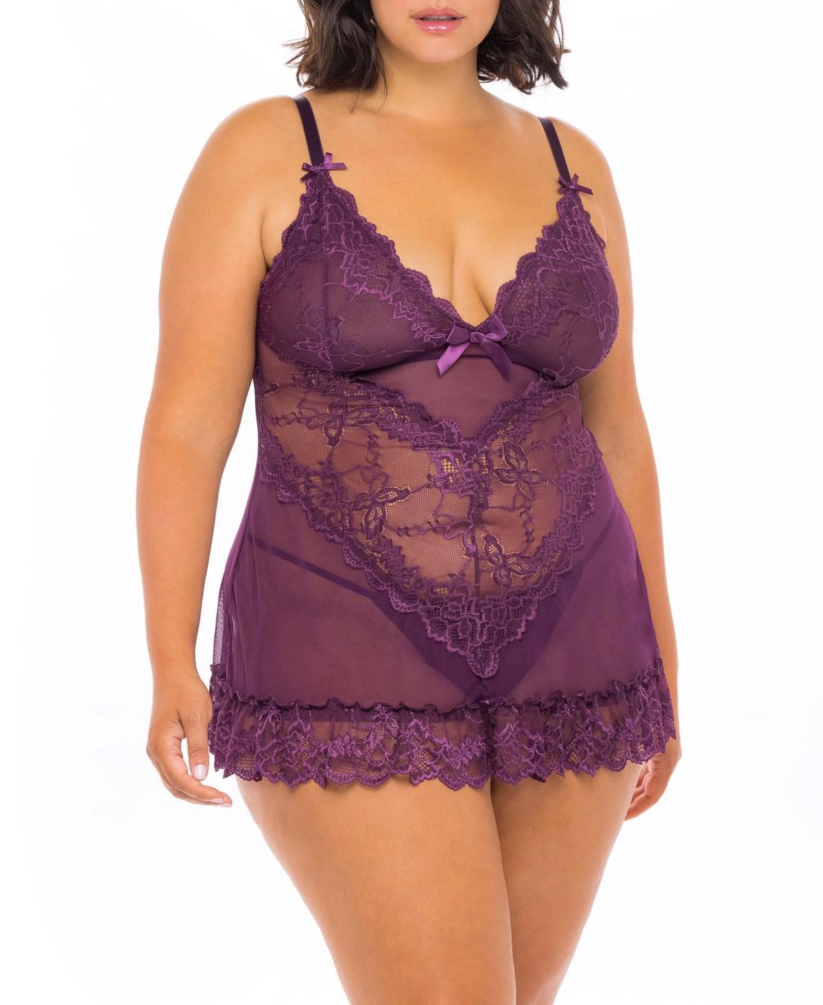 Plus Size Oh La La Cheri Valentine Soft Cup Lace Babydoll & G-String Set 2139X, Women's, Size: 1XL-2XL, Black Product Image