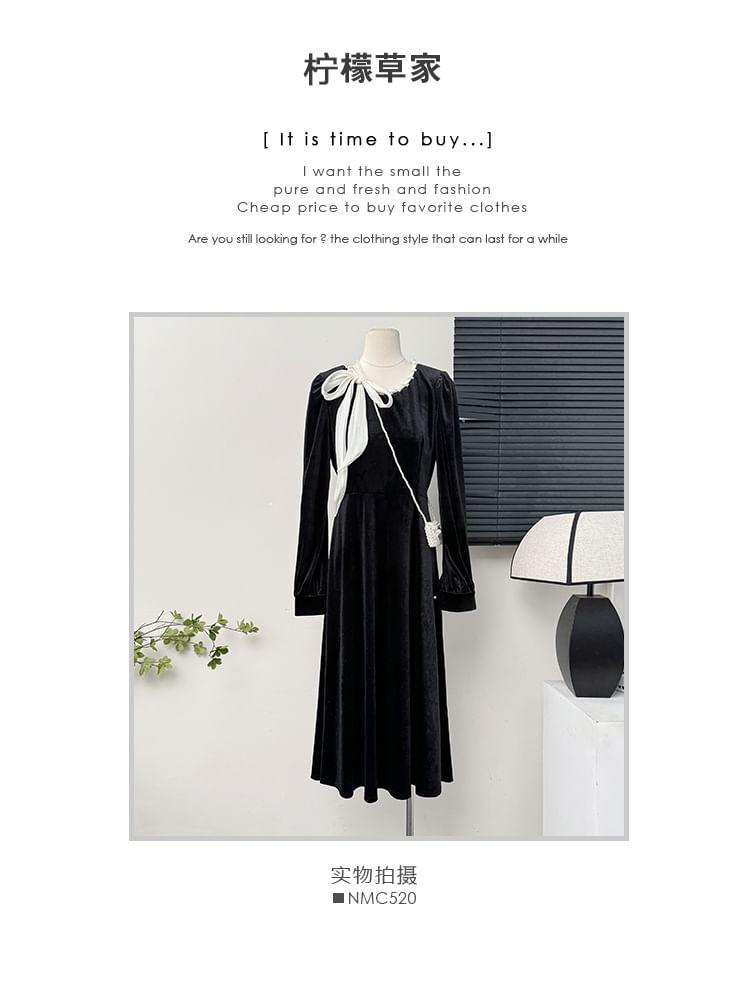 Tie-Neckline Velvet A-Line Dress with Sash Product Image
