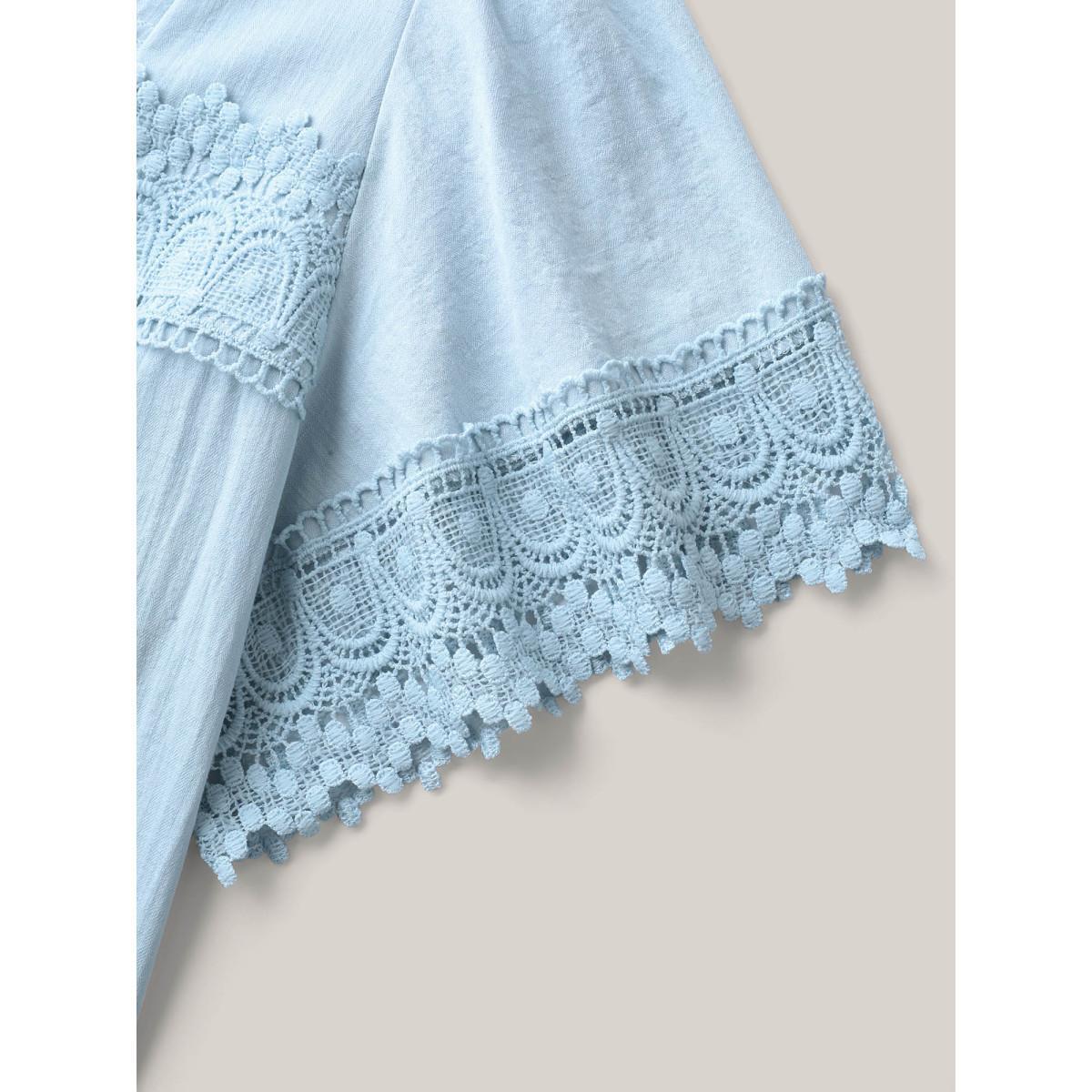 Plus Size LightBlue Lace Trim Spliced Solid Blouse Women Short sleeve Square Neck Everyday-Elegant Blouses BloomChic 28/5X Product Image