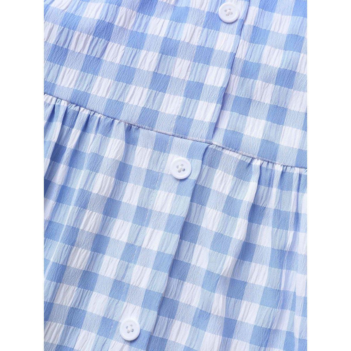 Plus Size Gingham Button Detail Ruffle Layered Hem Dress LightBlue Women Casual Button V-neck Short sleeve Curvy BloomChic 12/L Product Image