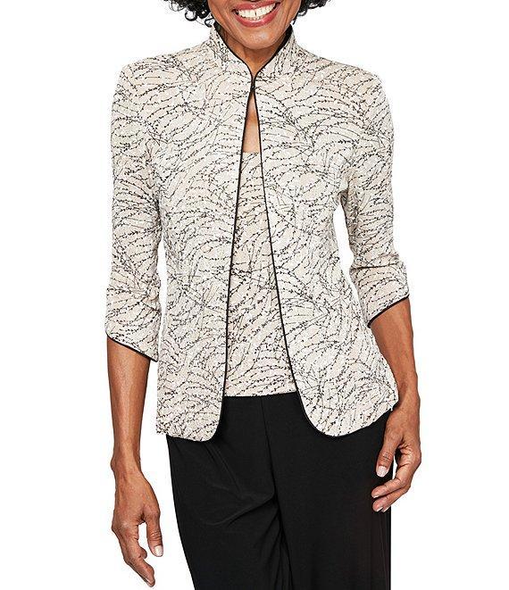Alex Evenings Petite Size Mock Neck 3/4 Sleeve Piping Glitter Embellished Printed 2-Piece Twinset Product Image