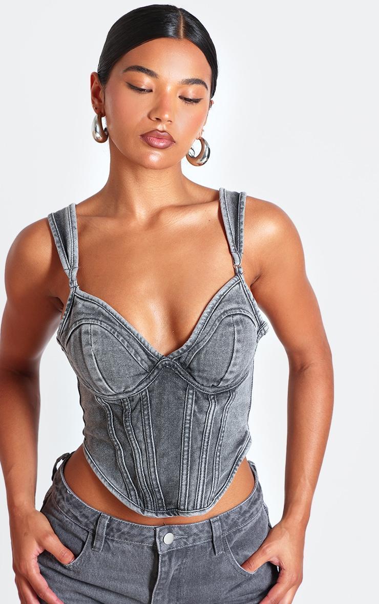 Washed Grey Dip Hem Bust Cup Denim Corset Product Image