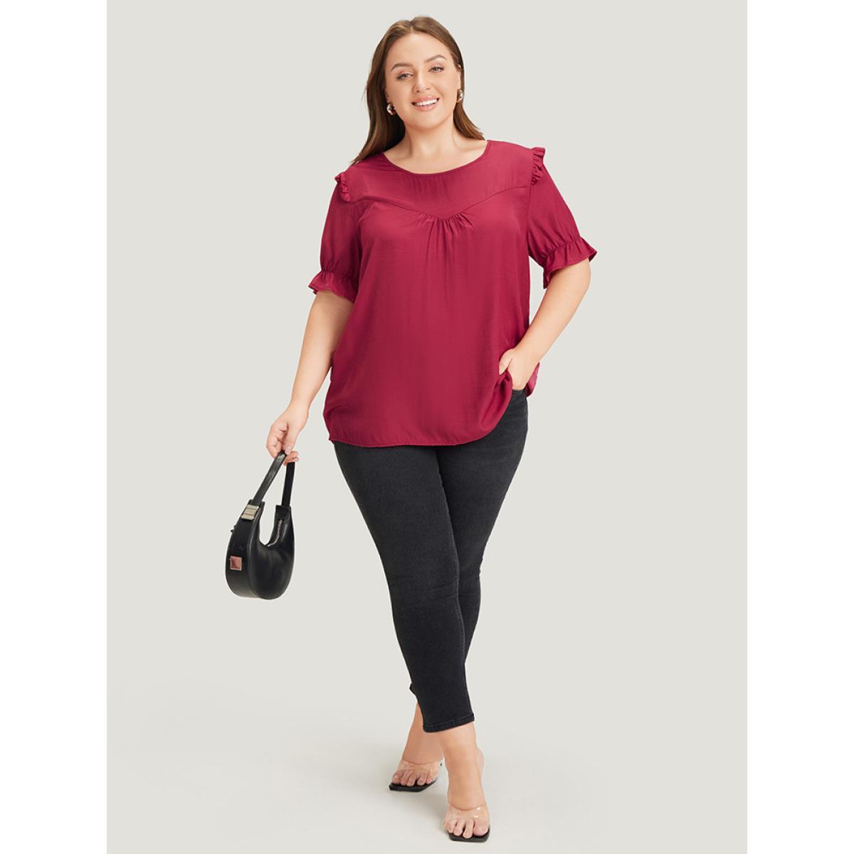 Plus Size RedViolet Plain Gathered Ruffle Trim Puff Sleeve Blouse Women Office Short sleeve Round Neck Work Blouses BloomChic 14-16/1X Product Image