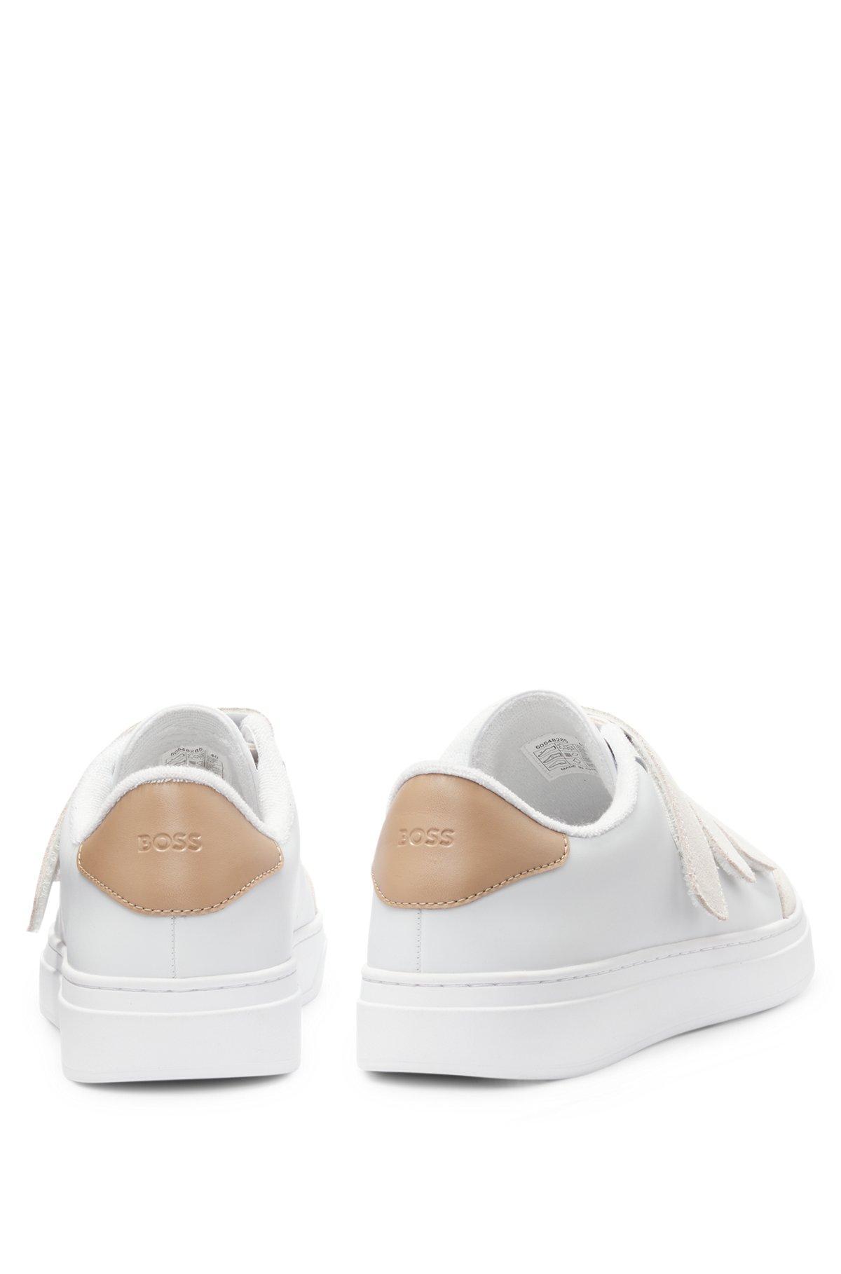 BOSS - Leather trainers with suede riptape straps - White Product Image