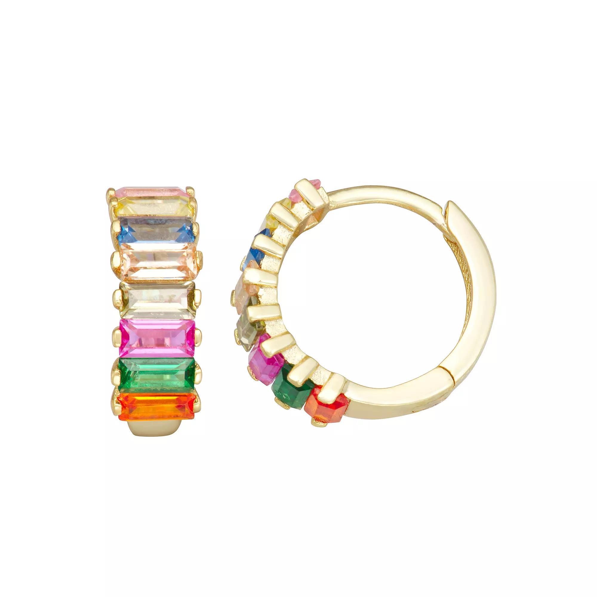 18k Gold Over Silver Rainbow Cubic Zirconia Hoop Earrings, Women's, Gold Tone Product Image