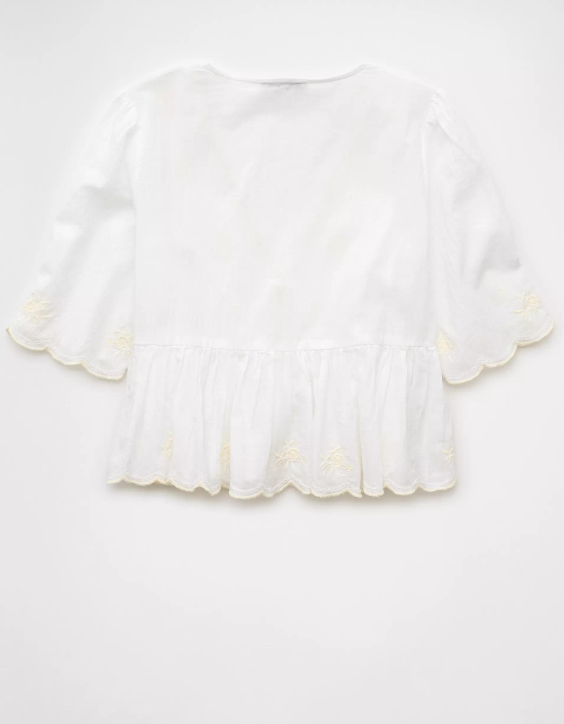 AE Embroidered Tie Front V-Neck Blouse Product Image