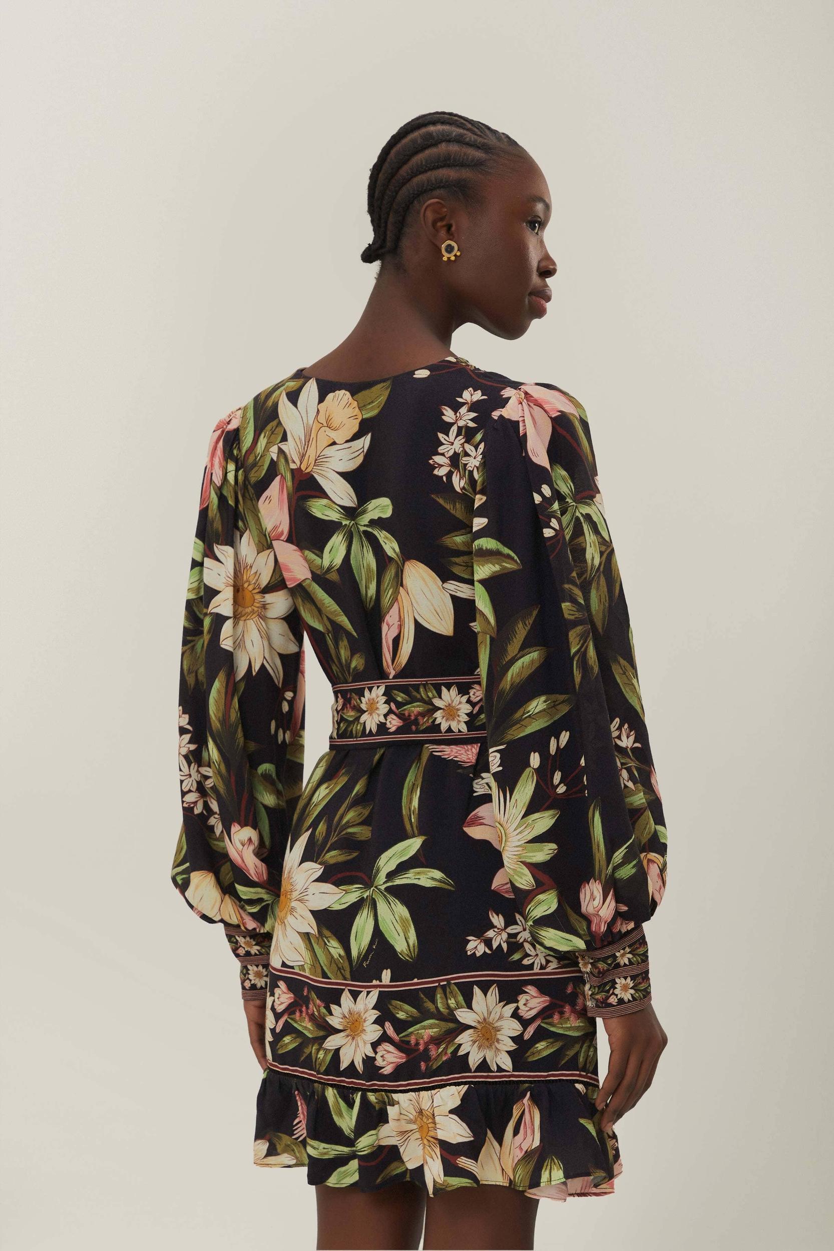 Black Surreal Flowers Long Sleeve Mini Dress, SURREAL FLOWERS BLACK / XXS Product Image