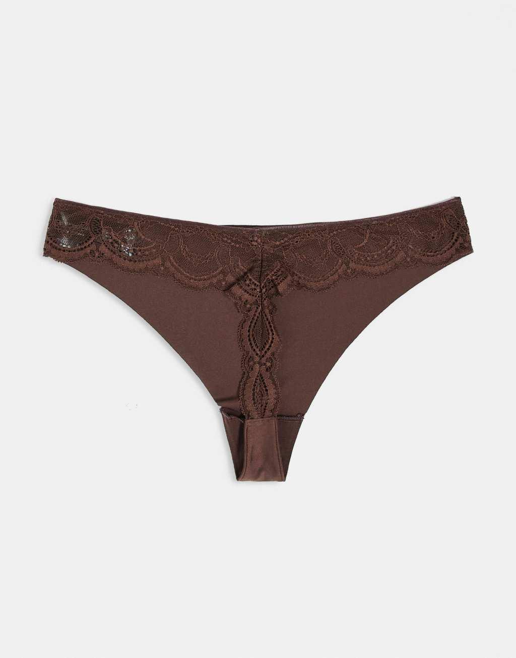 ASOS DESIGN 3 pack no VPL & lace thong in brown Product Image