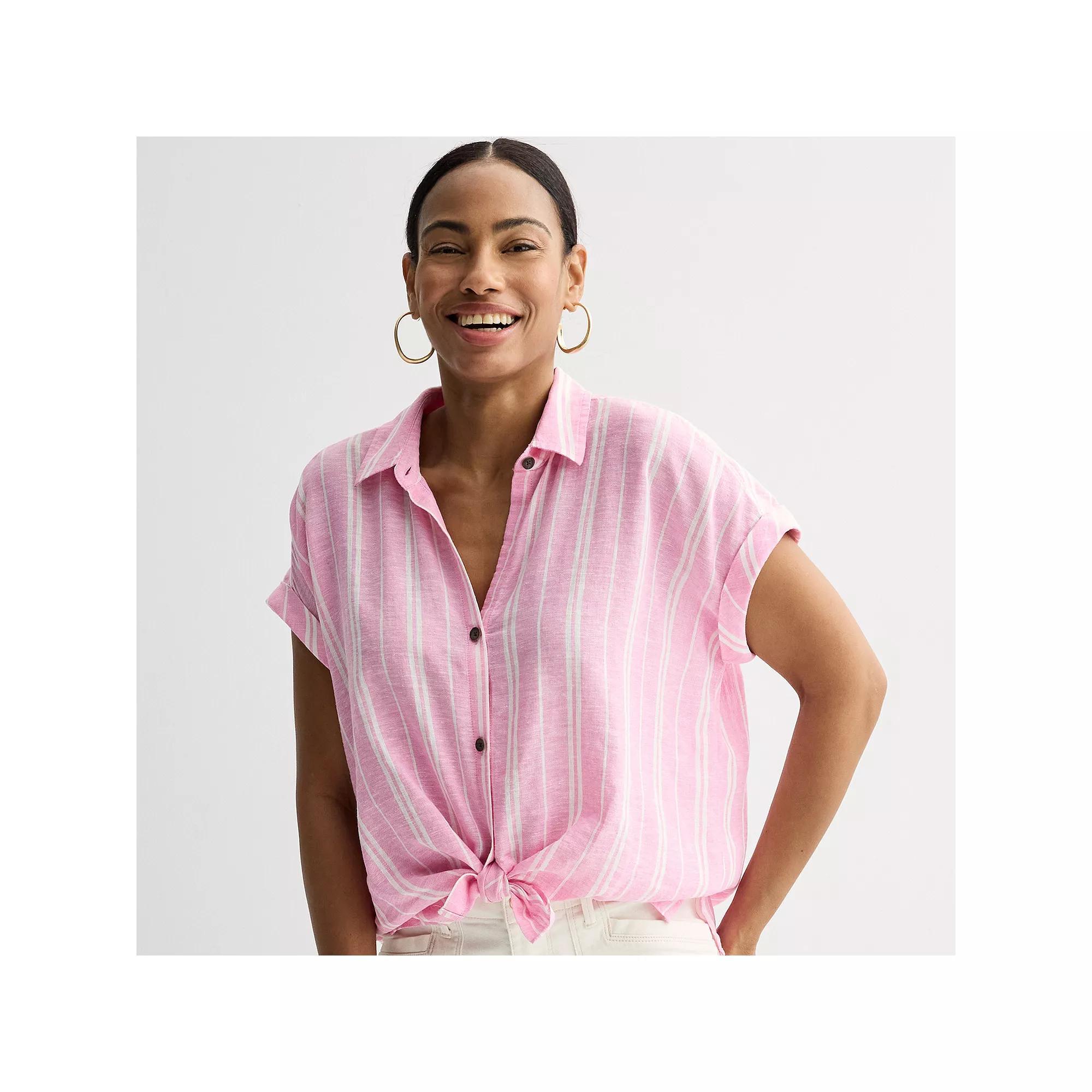 Petite Sonoma Goods For Life® Camp Shirt, Women's, Size: Large Petite, Pink White Stripe Product Image