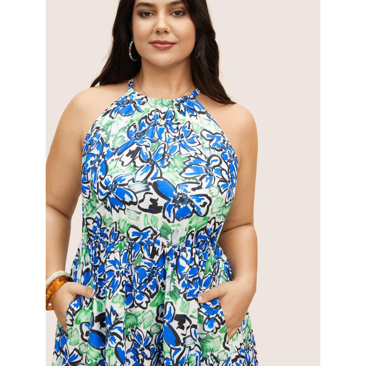 Plus Size Floral Print Elastic Waist Pocket Halter Neck Dress Mint Women Resort Non Halter neck Sleeveless Curvy BloomChic 14-16/1X Product Image