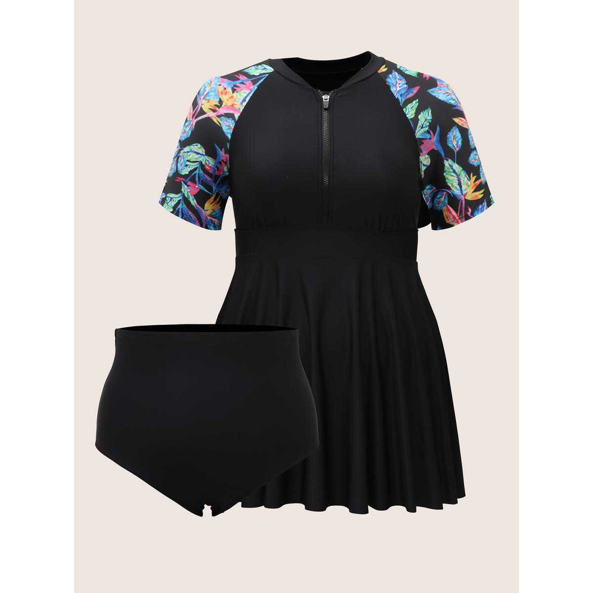 Plus Size Tropical Print Half Zip Raglan Sleeve Swim Dress Women's Swimwear Black Beach Bodycon Stand-up collar High stretch Curve Swim Dresses BloomChic 12/L Product Image